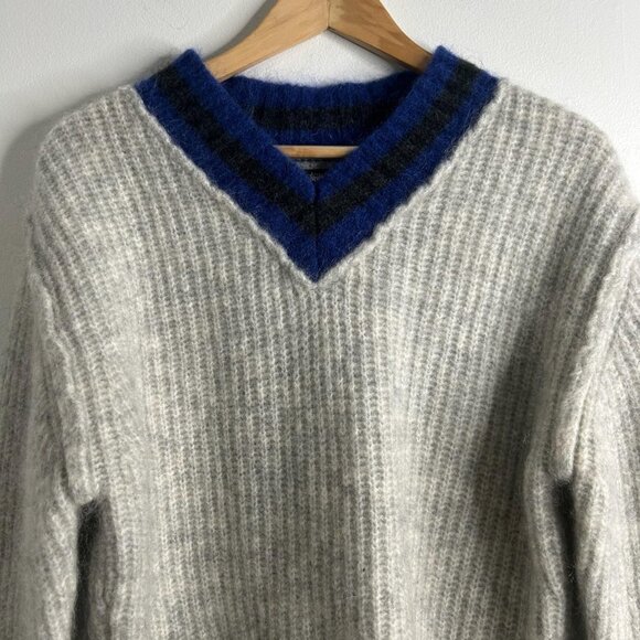 Stussy Tennis Sweater Mens L Gray V Neck Mohair Wool Blend Fuzzy Knit Ribbed - Picture 2 of 9